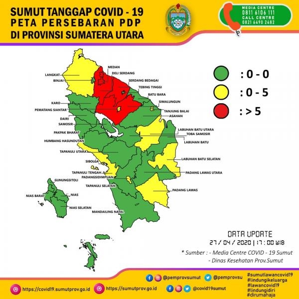 Peta Persebaran PDP di Provinsi Sumatera Utara 27 April 2020 